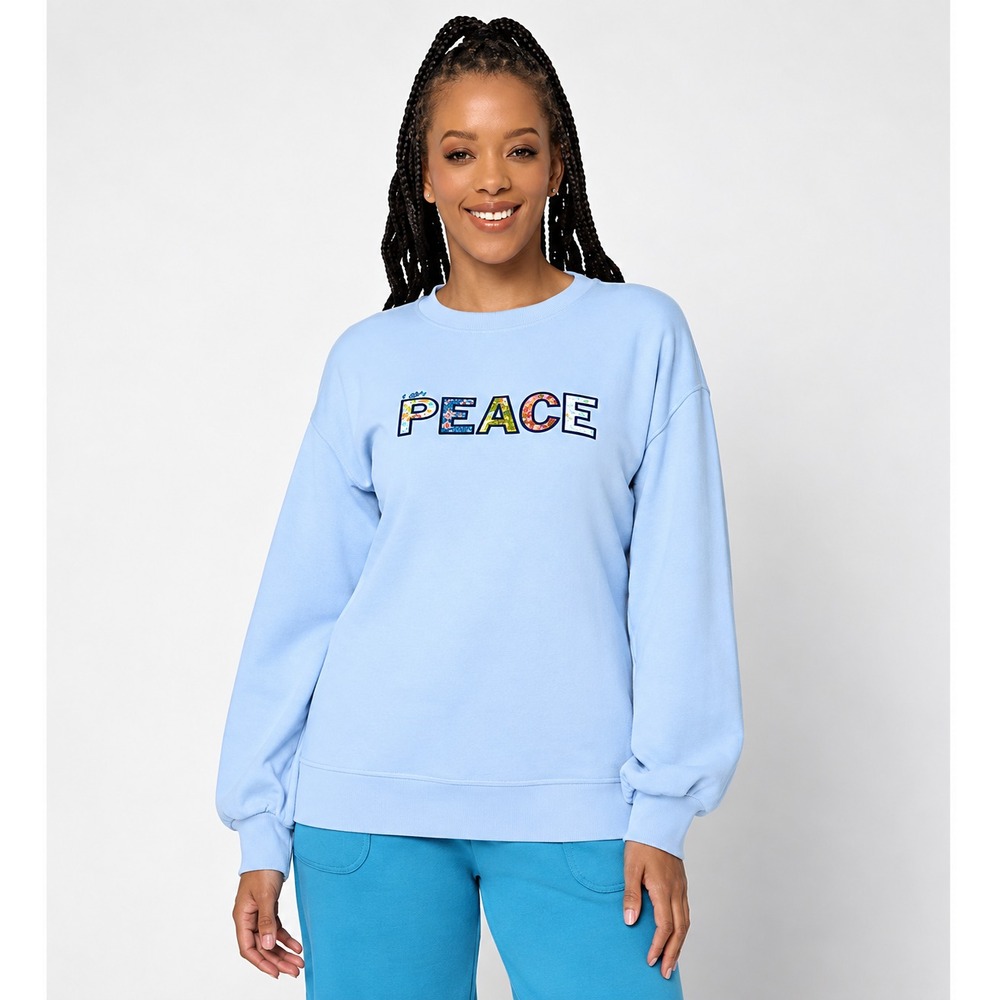 Peace Love World Affirmation Applique Crew Neck Pullover Blue Horizon, Medium